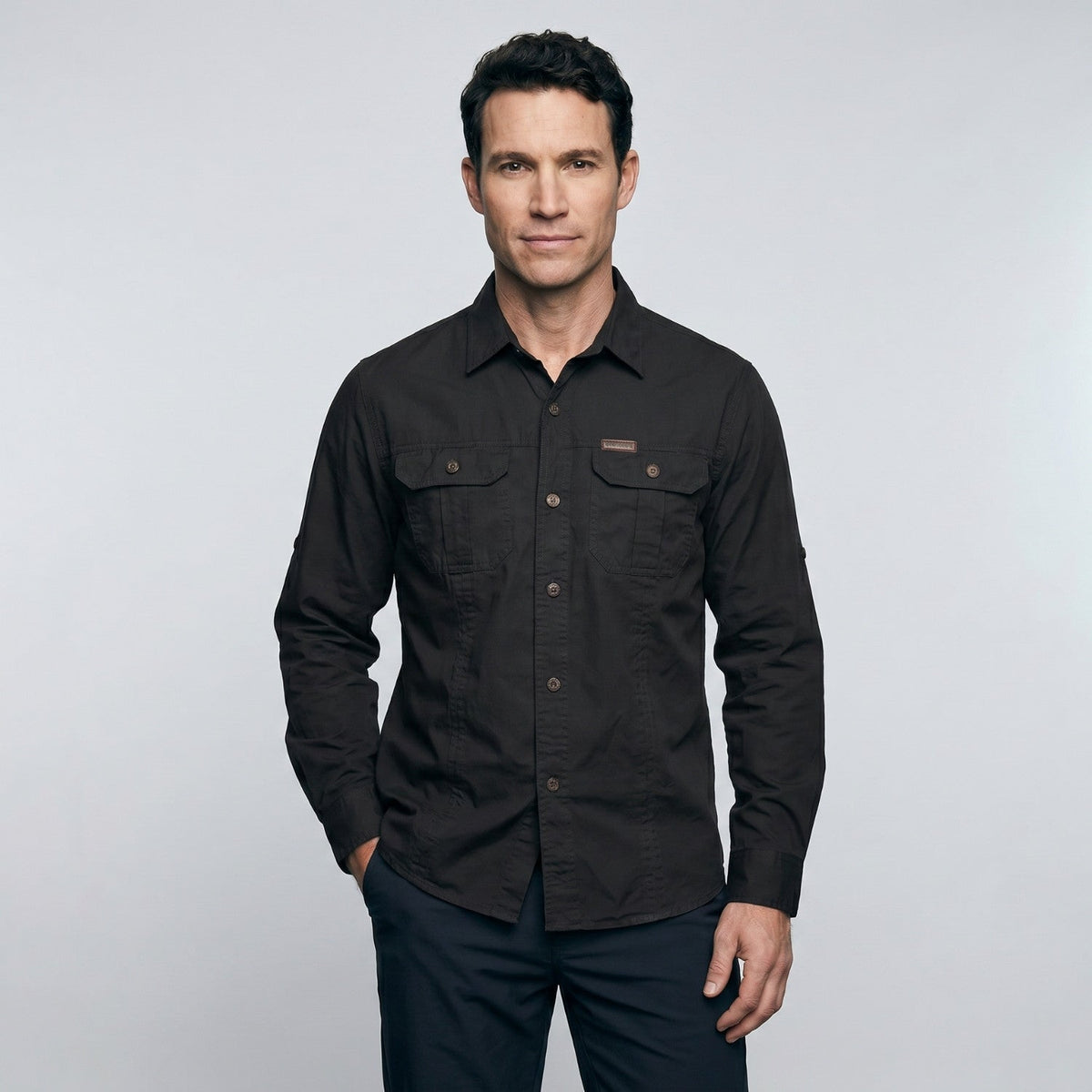 Men's Cotton Field Shirt With Double Chest Pockets And Long Sleeves