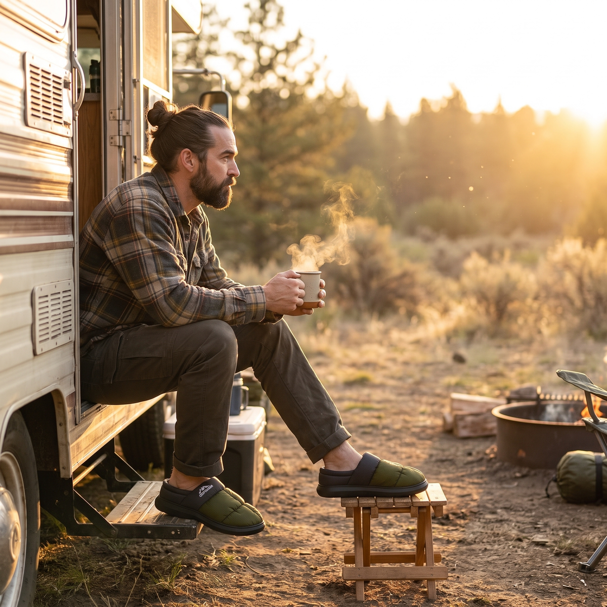 Men's Fleece Lined Camp Slippers with Ribbed Outdoor Sole