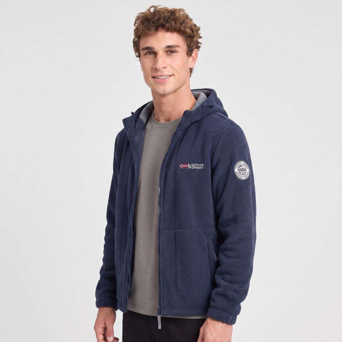 Men's Windproof Hooded Fleece Jacket with Zip Pockets