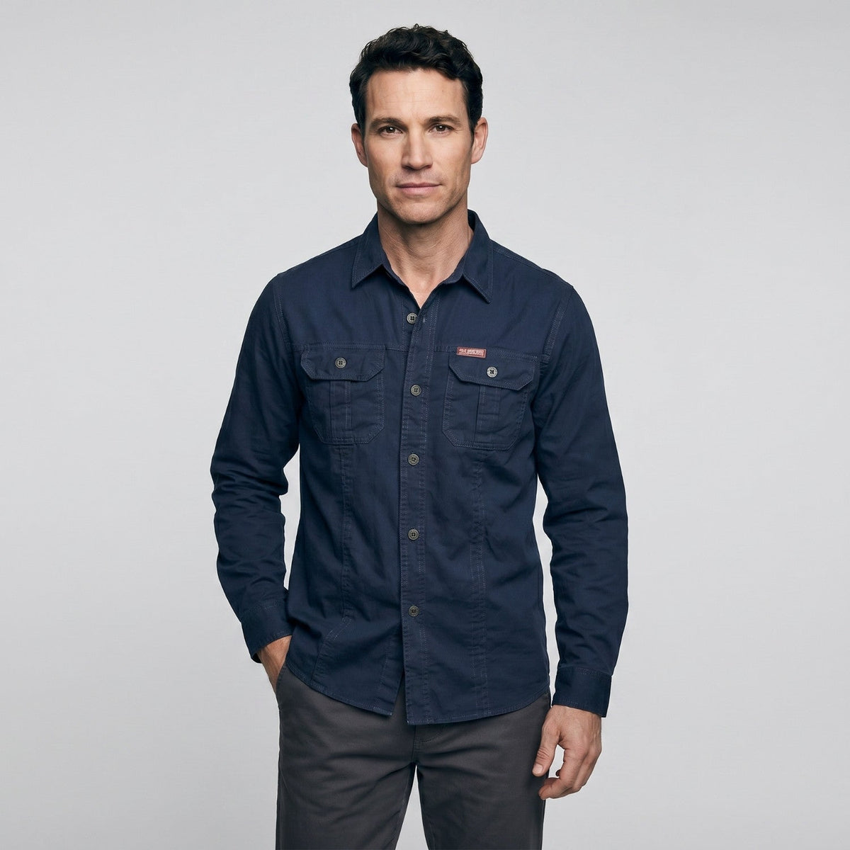 Men's Cotton Field Shirt With Double Chest Pockets And Long Sleeves