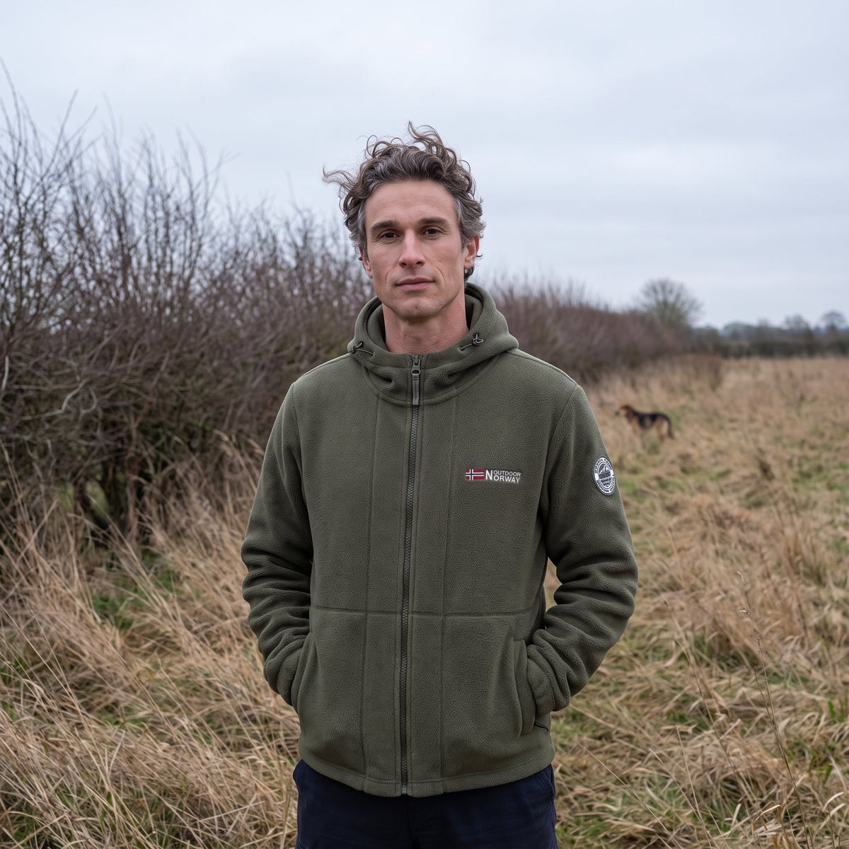 Men's Windproof Hooded Fleece Jacket with Zip Pockets