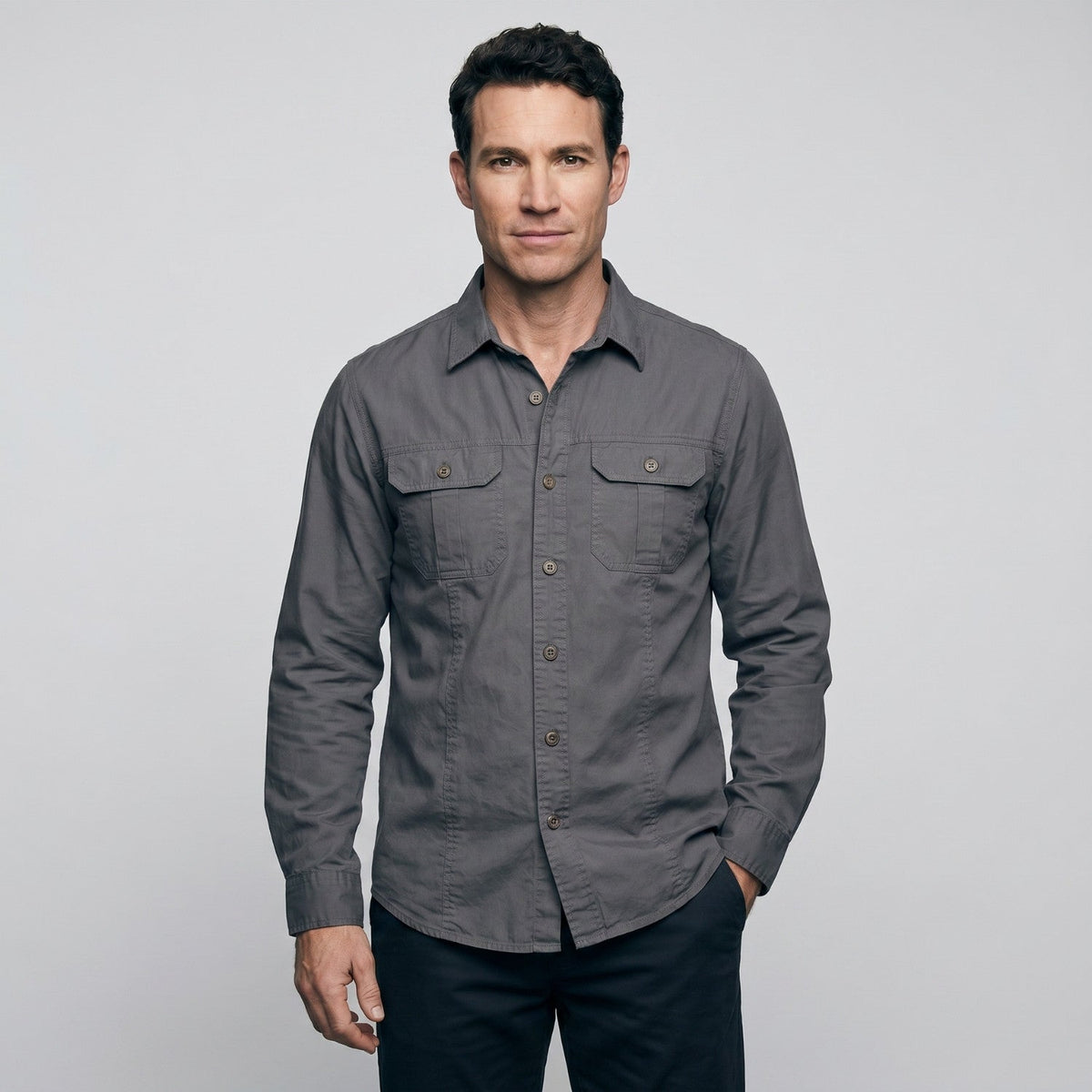 Men's Cotton Field Shirt With Double Chest Pockets And Long Sleeves
