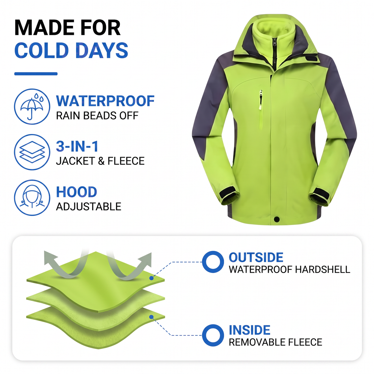 Women's Waterproof Jacket with Removable Fleece Liner
