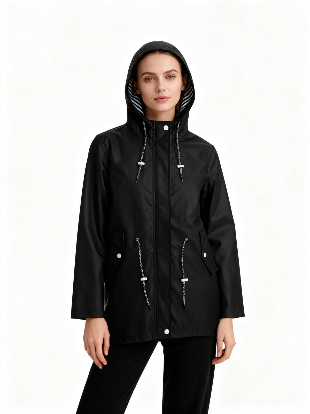 Women's Mid Length Water Repellent Rain Jacket with Hood