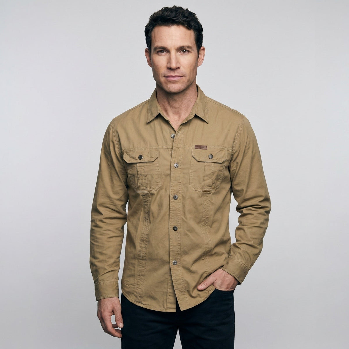 Men's Cotton Field Shirt With Double Chest Pockets And Long Sleeves