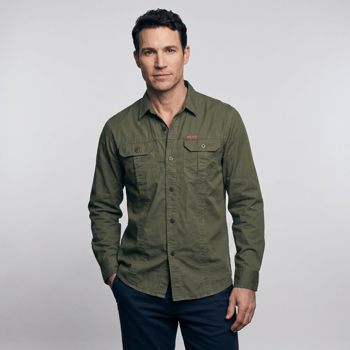 Men's Cotton Field Shirt With Double Chest Pockets And Long Sleeves