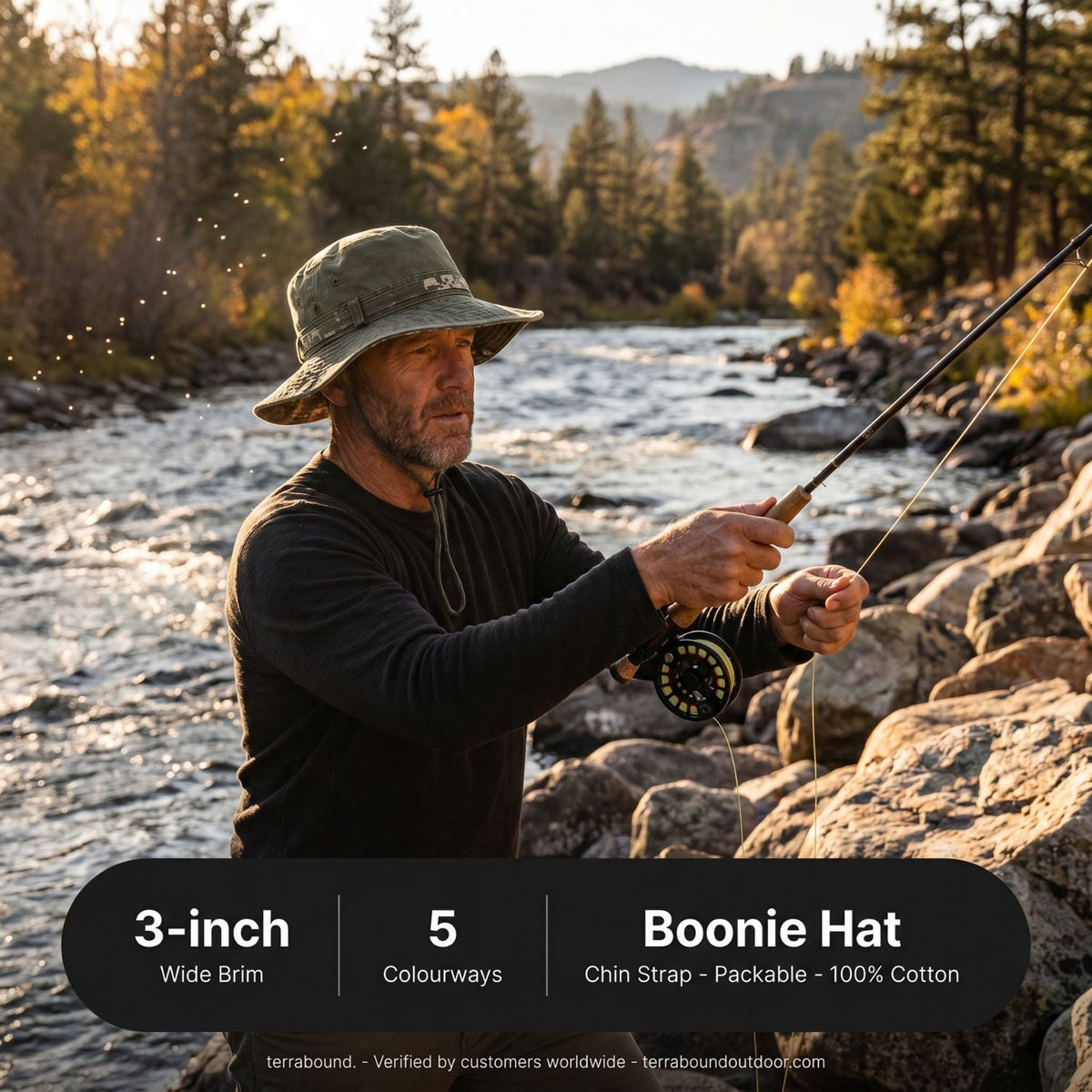 Men's Wide Brim Packable Cotton Boonie Hat with Chin Strap