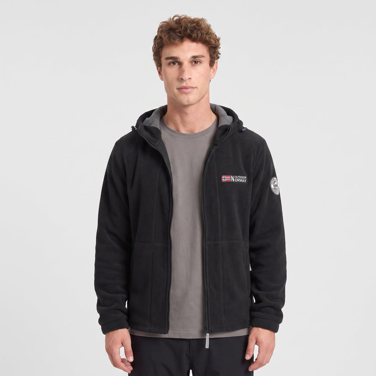 Men's Windproof Hooded Fleece Jacket with Zip Pockets