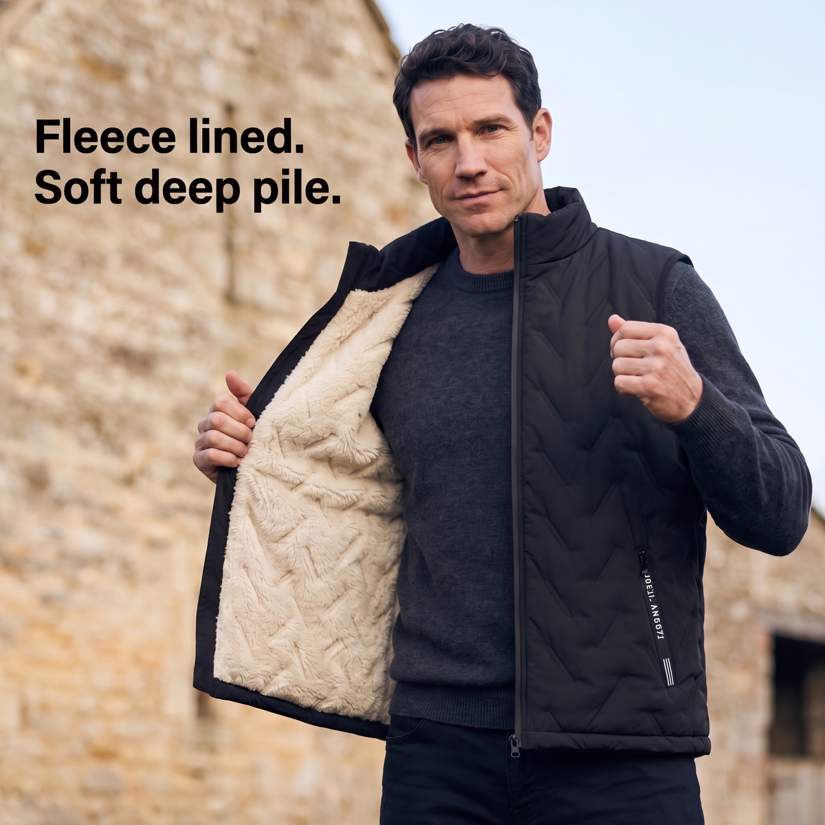 Men's Wave Quilted Fleece Lined Vest With Stand Collar