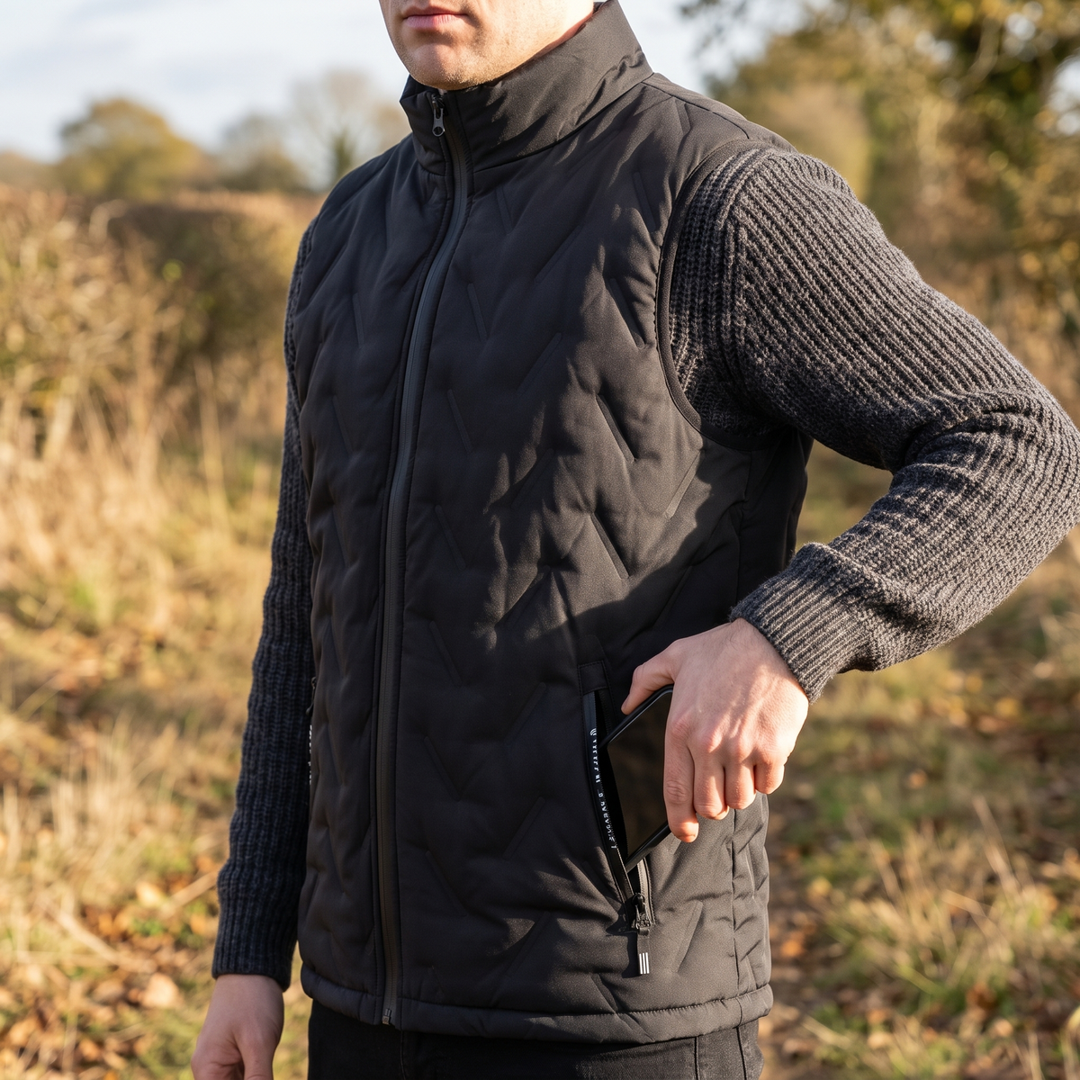 Men's Wave Quilted Fleece Lined Vest With Stand Collar