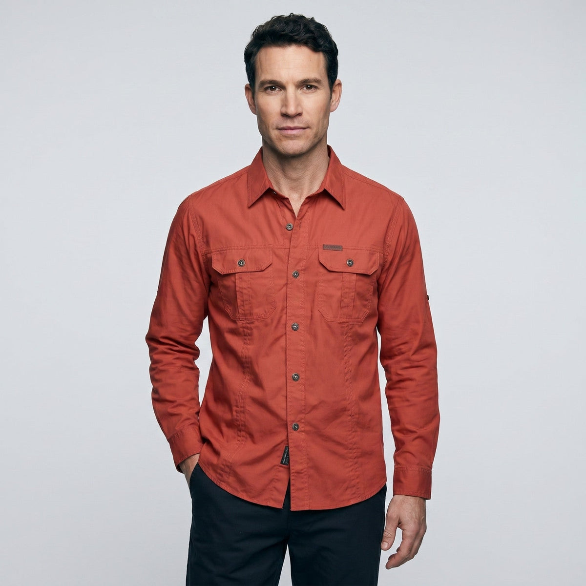 Men's Cotton Field Shirt With Double Chest Pockets And Long Sleeves