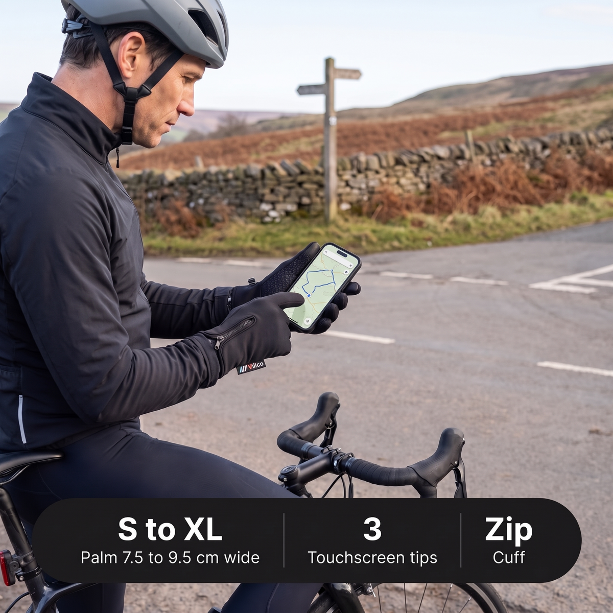 Men's Touchscreen Cycling Gloves with Zip Cuff and Grip Palm