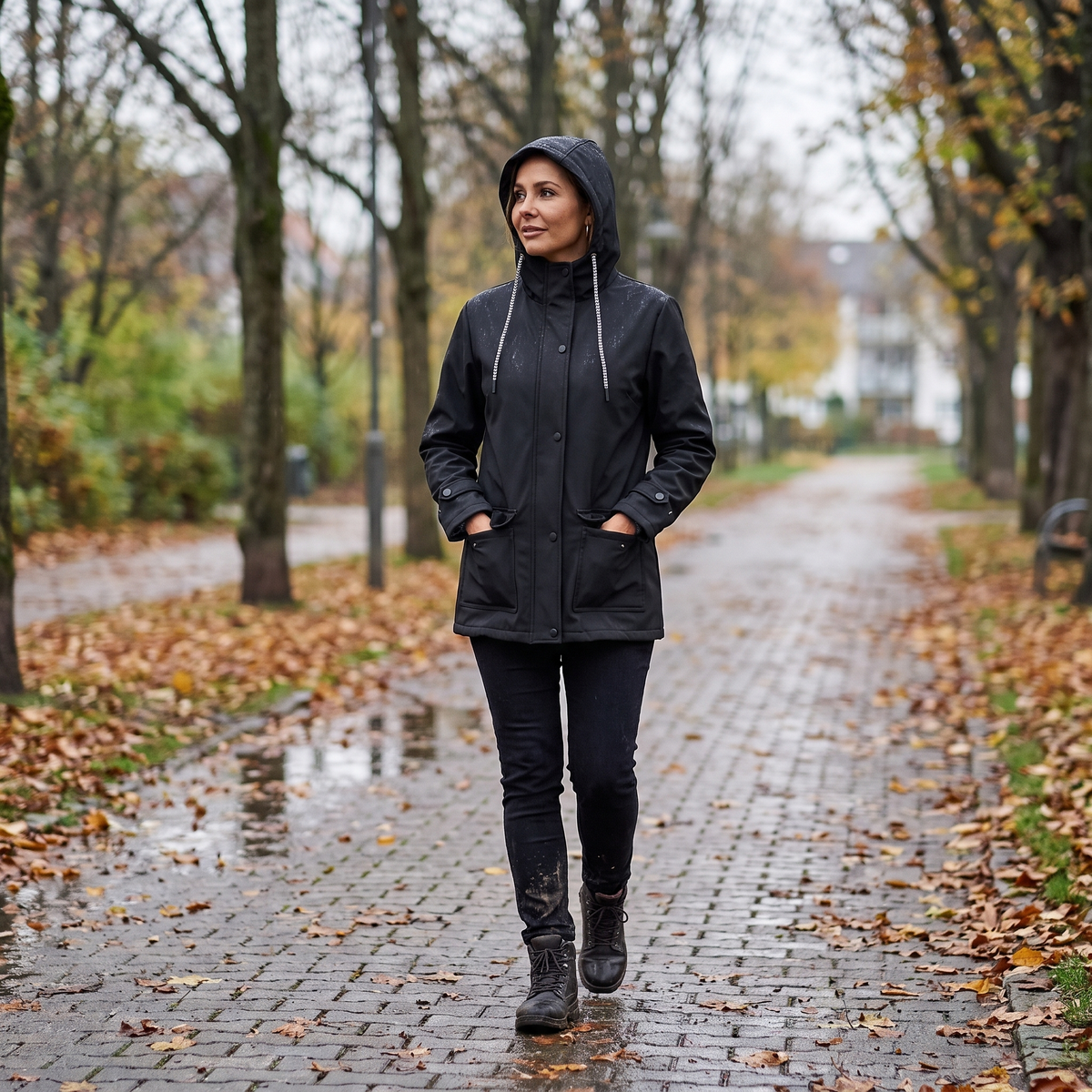 Women's Lightweight Water Repellent Hooded Rain Jacket with Flap Pockets