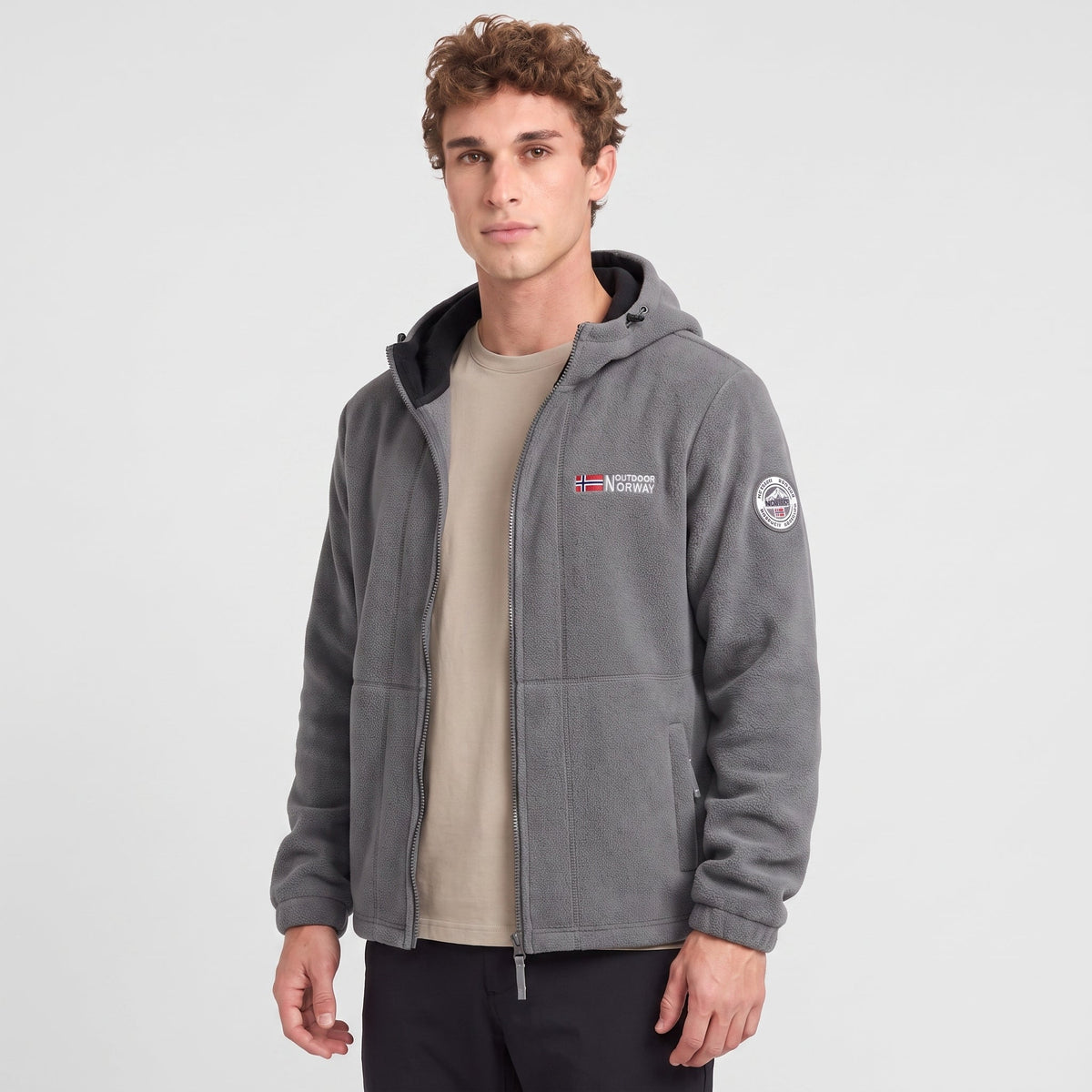 Men's Windproof Hooded Fleece Jacket with Zip Pockets