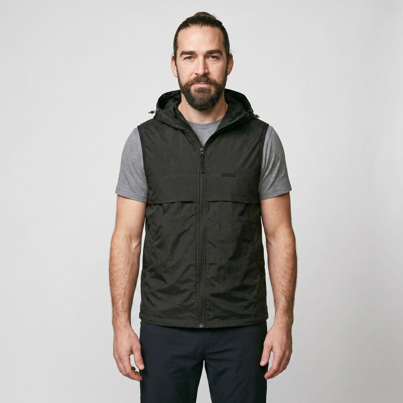Men's Lightweight Windproof Hooded Vest With Drawstring Hem