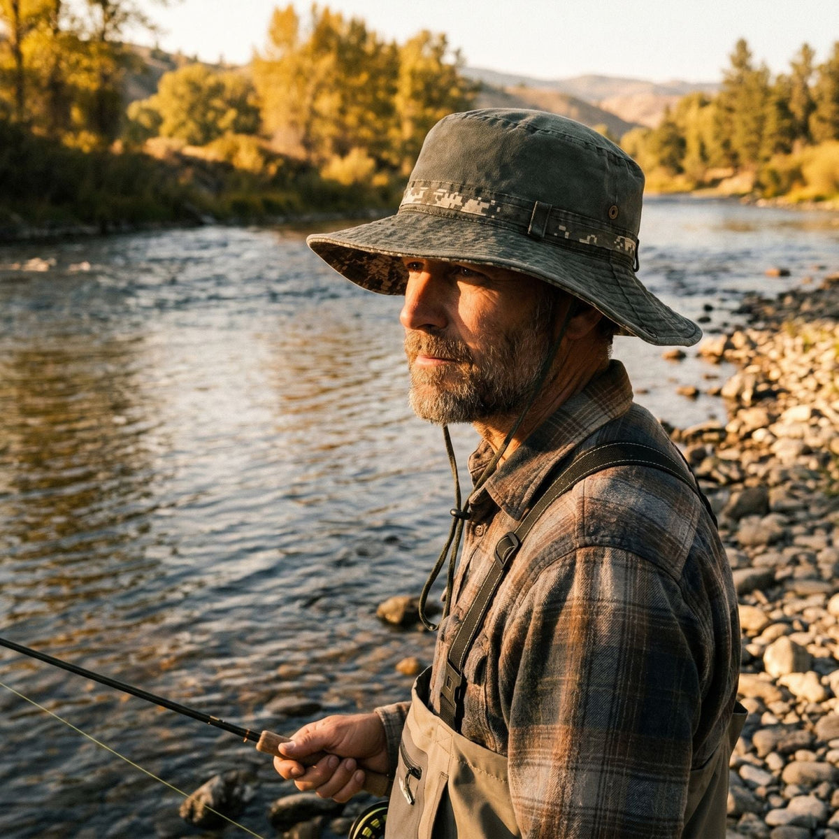 Men's Wide Brim Packable Cotton Boonie Hat with Chin Strap