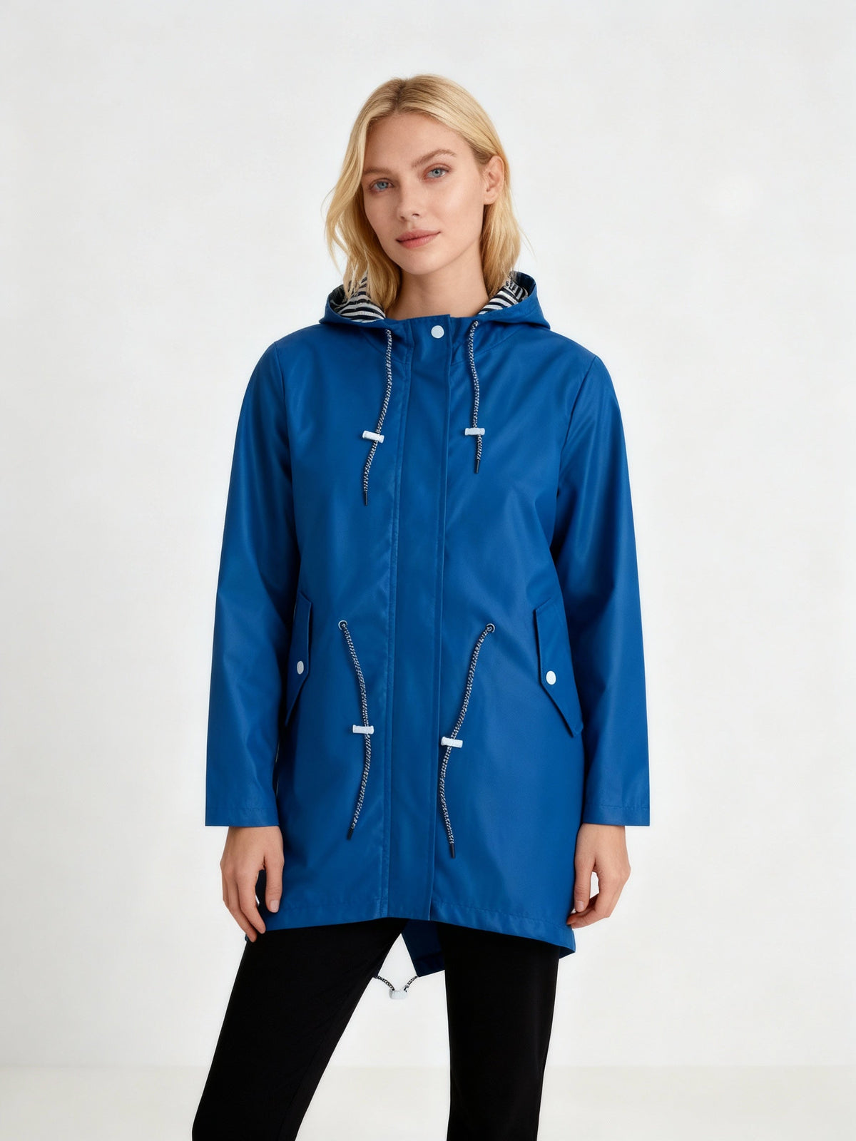 Women's Mid Length Water Repellent Rain Jacket with Hood
