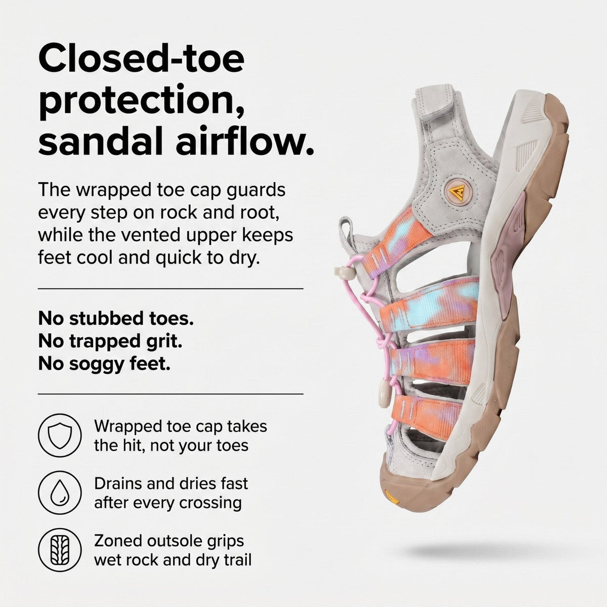 Women's Closed Toe Walking Sandals with Drainage Outsole and Bungee Lace