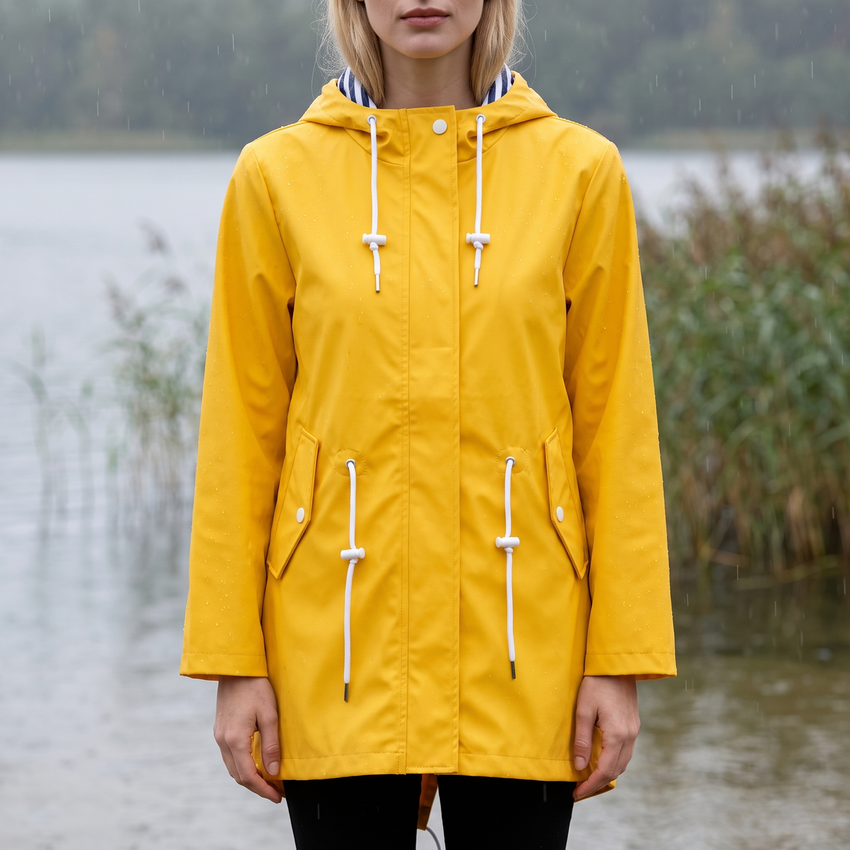 Women's Mid Length Water Repellent Rain Jacket with Hood