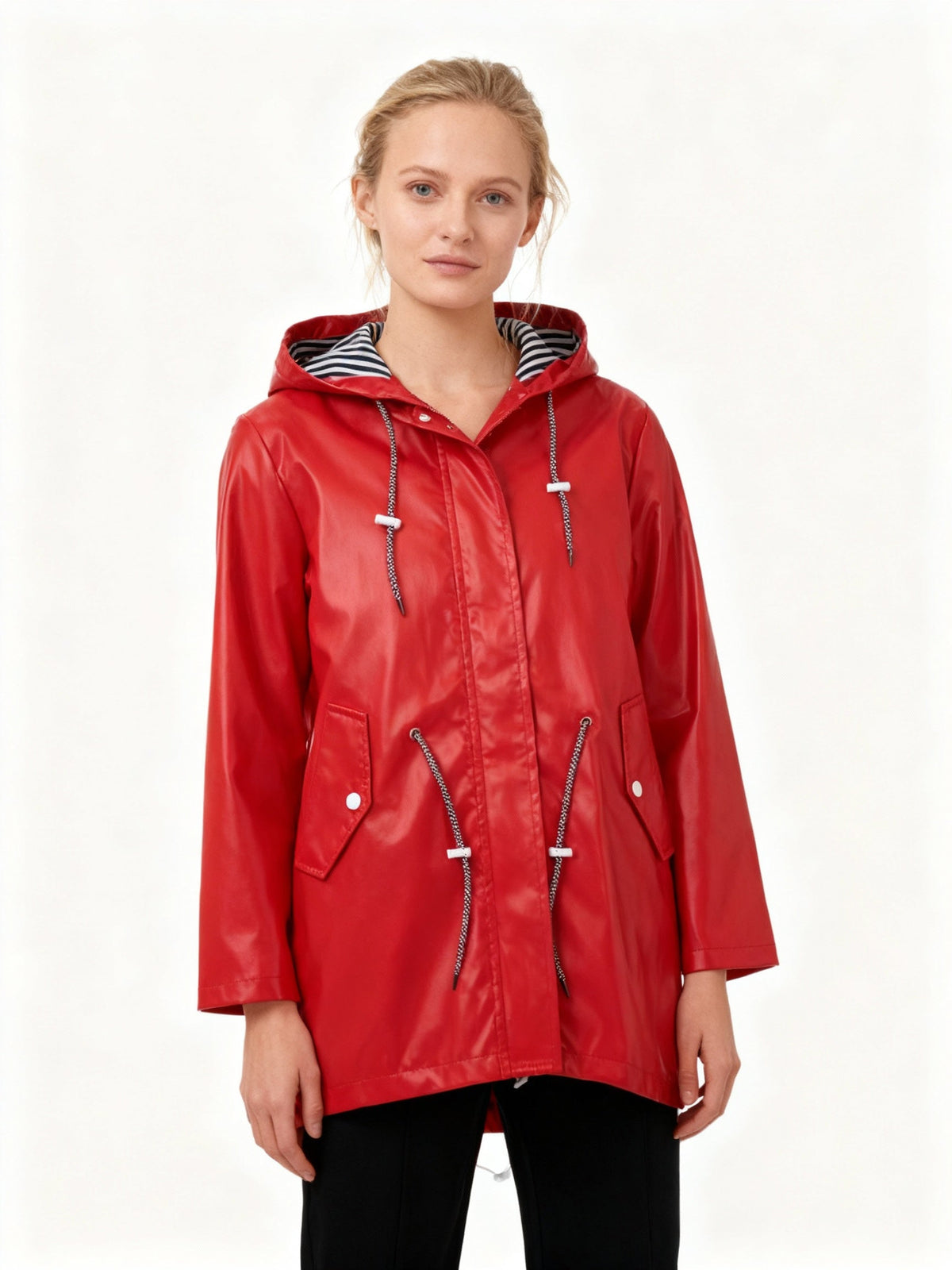 Women's Mid Length Water Repellent Rain Jacket with Hood