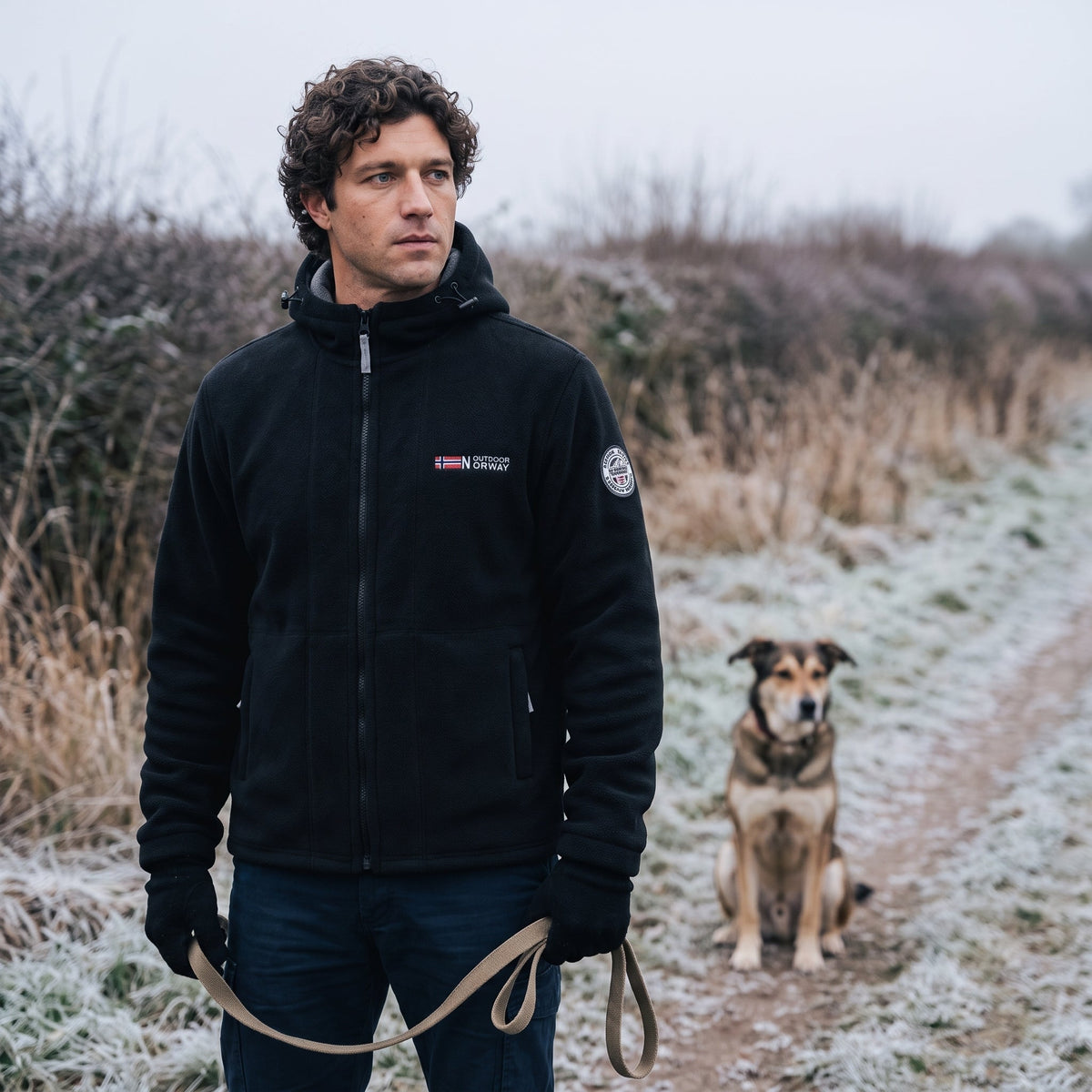 Men's Windproof Hooded Fleece Jacket with Zip Pockets