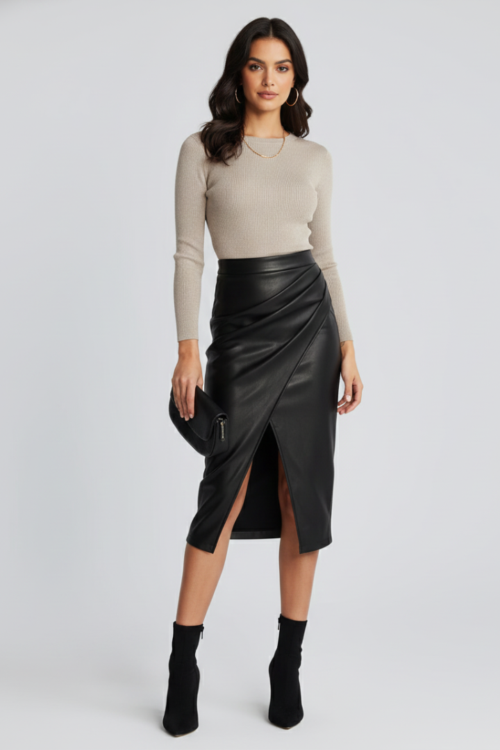 Women's Pleated Midi Skirt with Front Slit