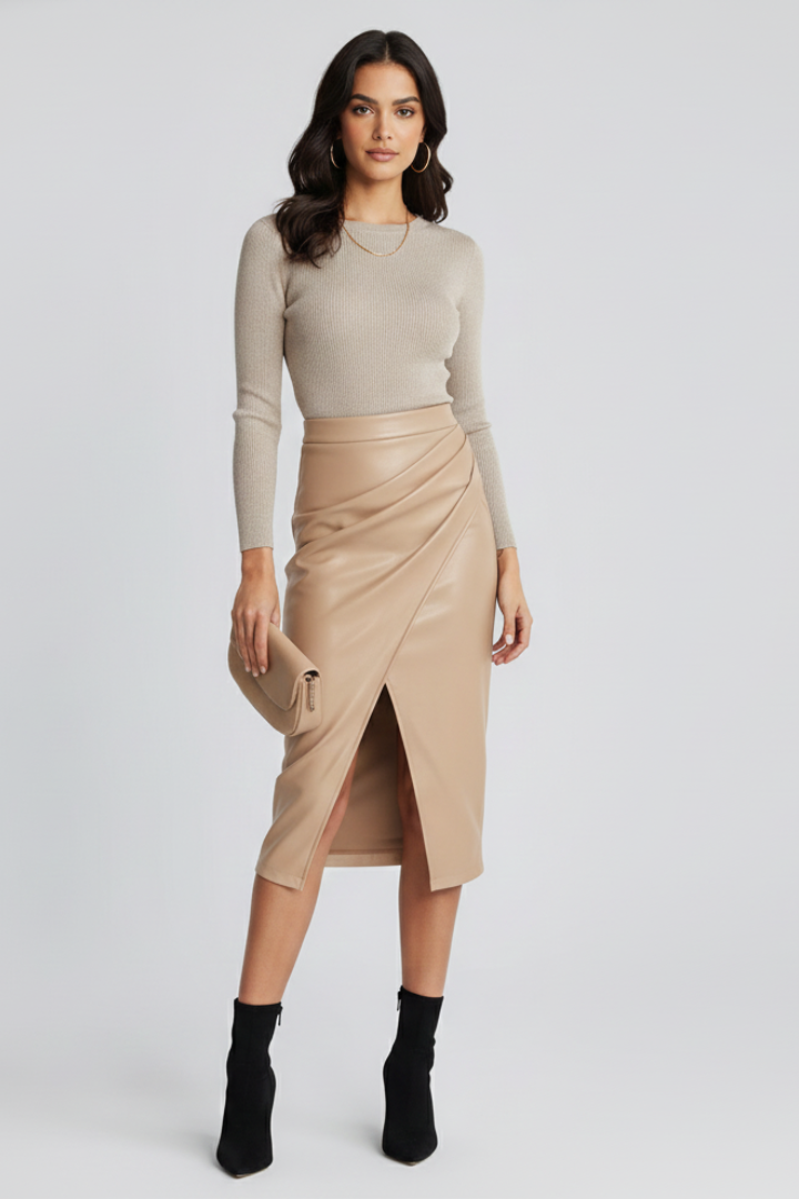 Women's Pleated Midi Skirt with Front Slit
