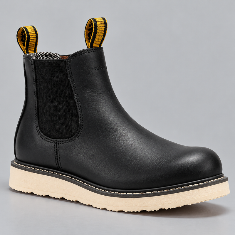 Men's Leather Steel Toe Work Boots With Wedge Sole and Pull-On Design for Construction