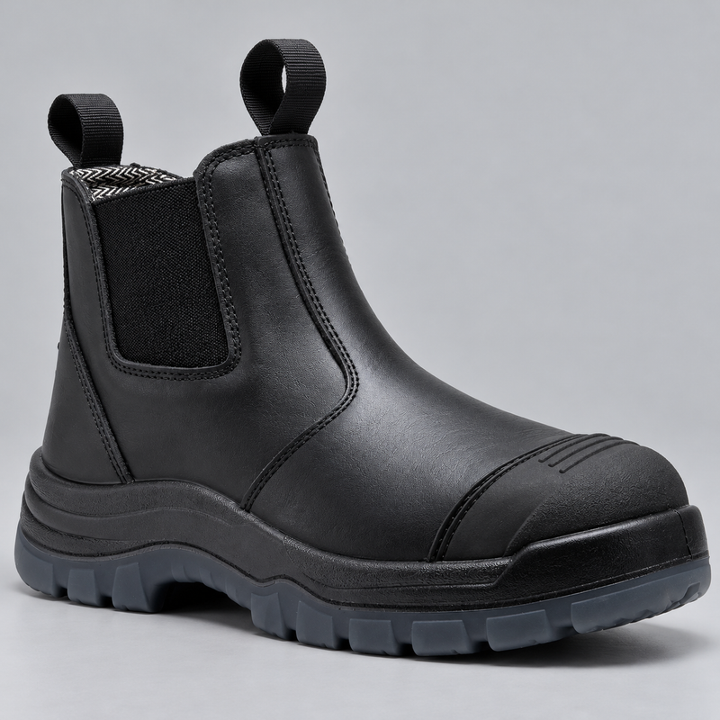 Men's Steel Toe Pull On Leather Work Boots with Slip Resistant Sole