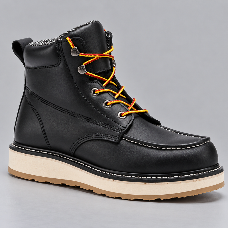 Men's Soft Toe Leather Work Boots with Side Zipper and Wedge Sole