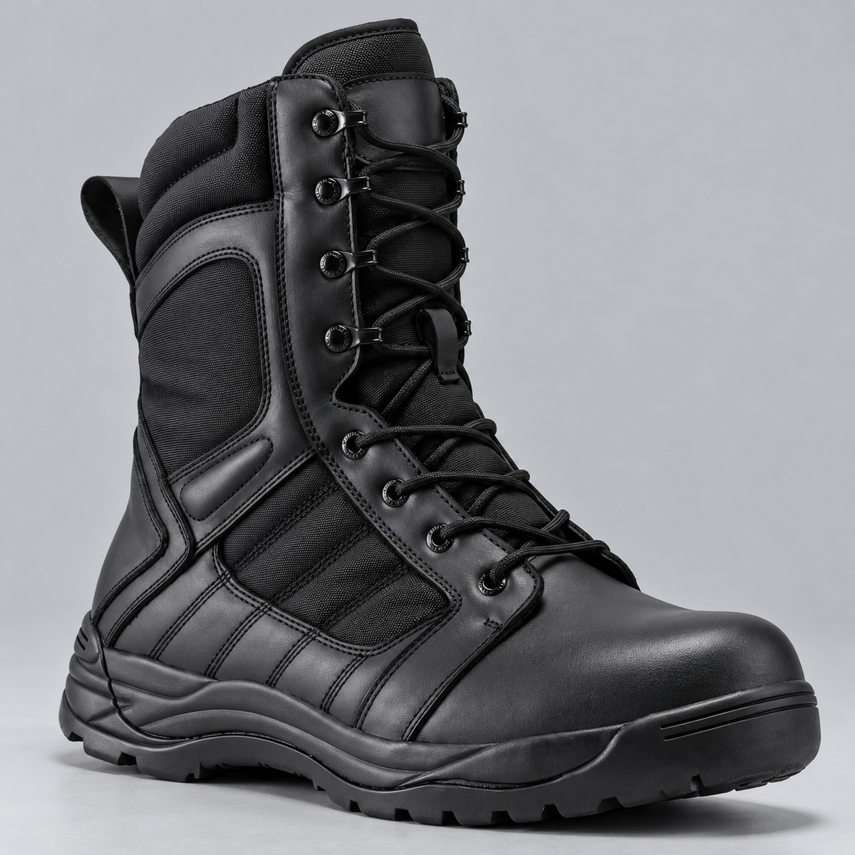 Men's Leather Tactical Boots with Side Zipper and Slip Resistant Rubber Sole