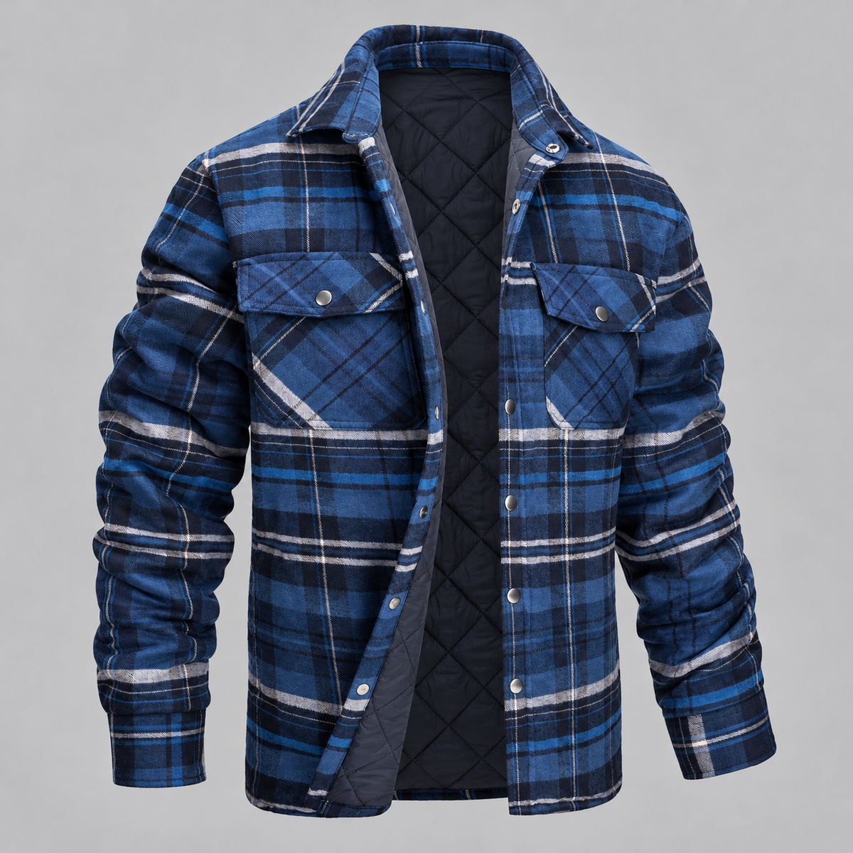 Men's Quilted Lined Plaid Flannel Shirt Jacket with Snap Buttons