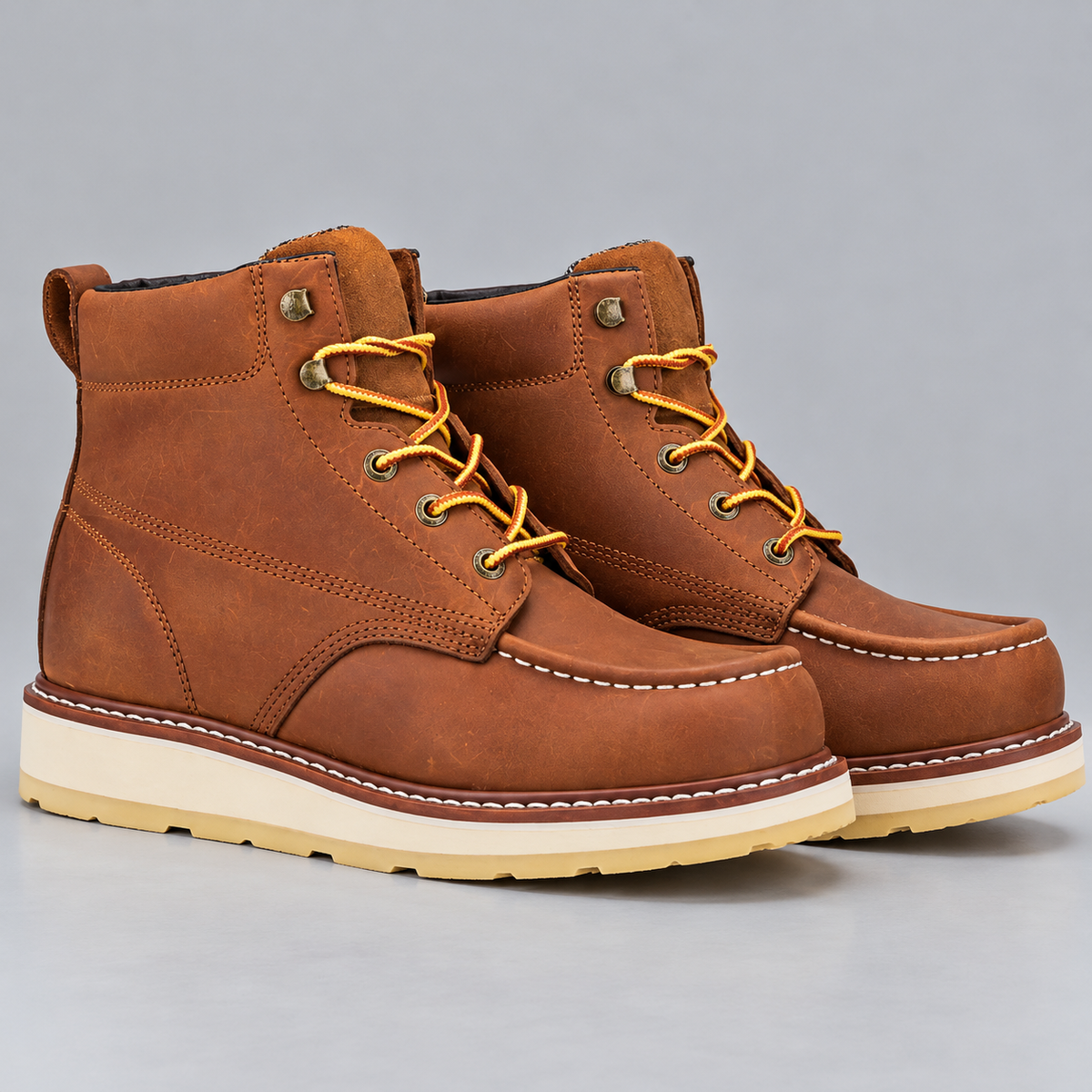 Men's Soft Toe Leather Work Boots with Dual Density Wedge Outsole
