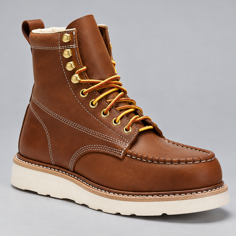 Men's Steel Toe Leather Work Boots with Vibram Wedge Sole and Moc Toe