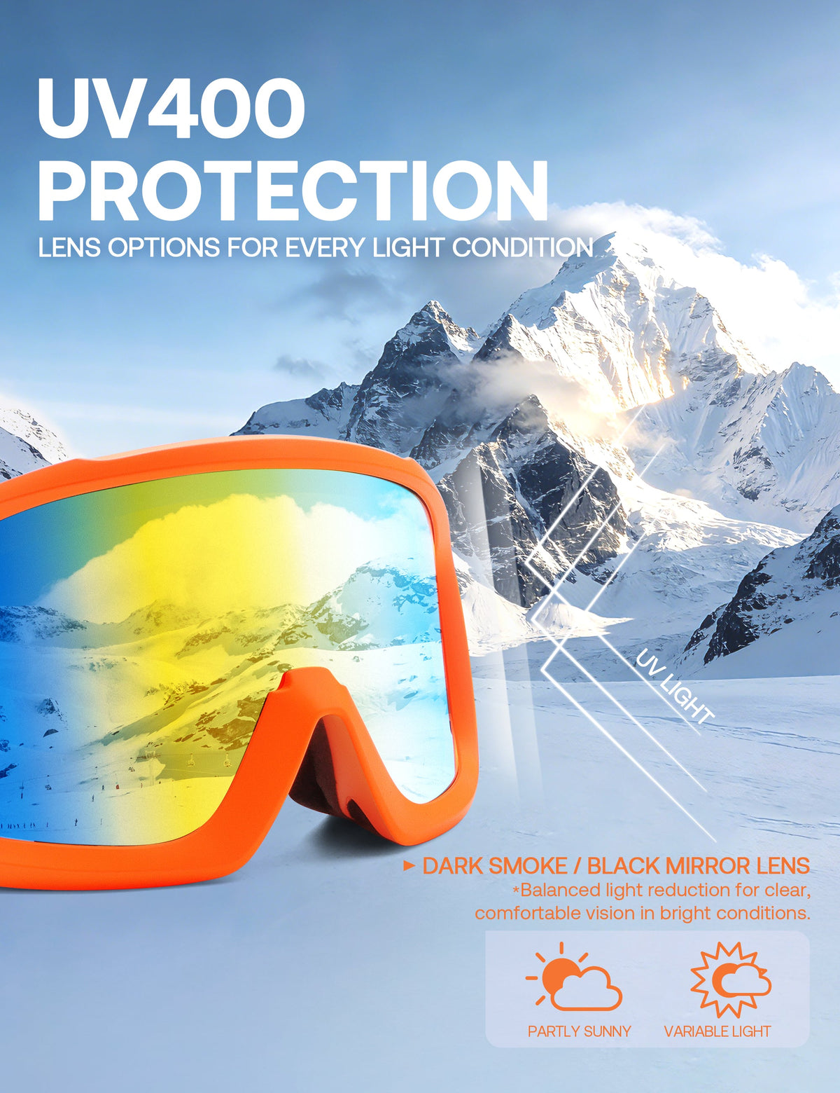 Women's Ski Goggles with Panoramic Mirrored Lens and Adjustable Strap