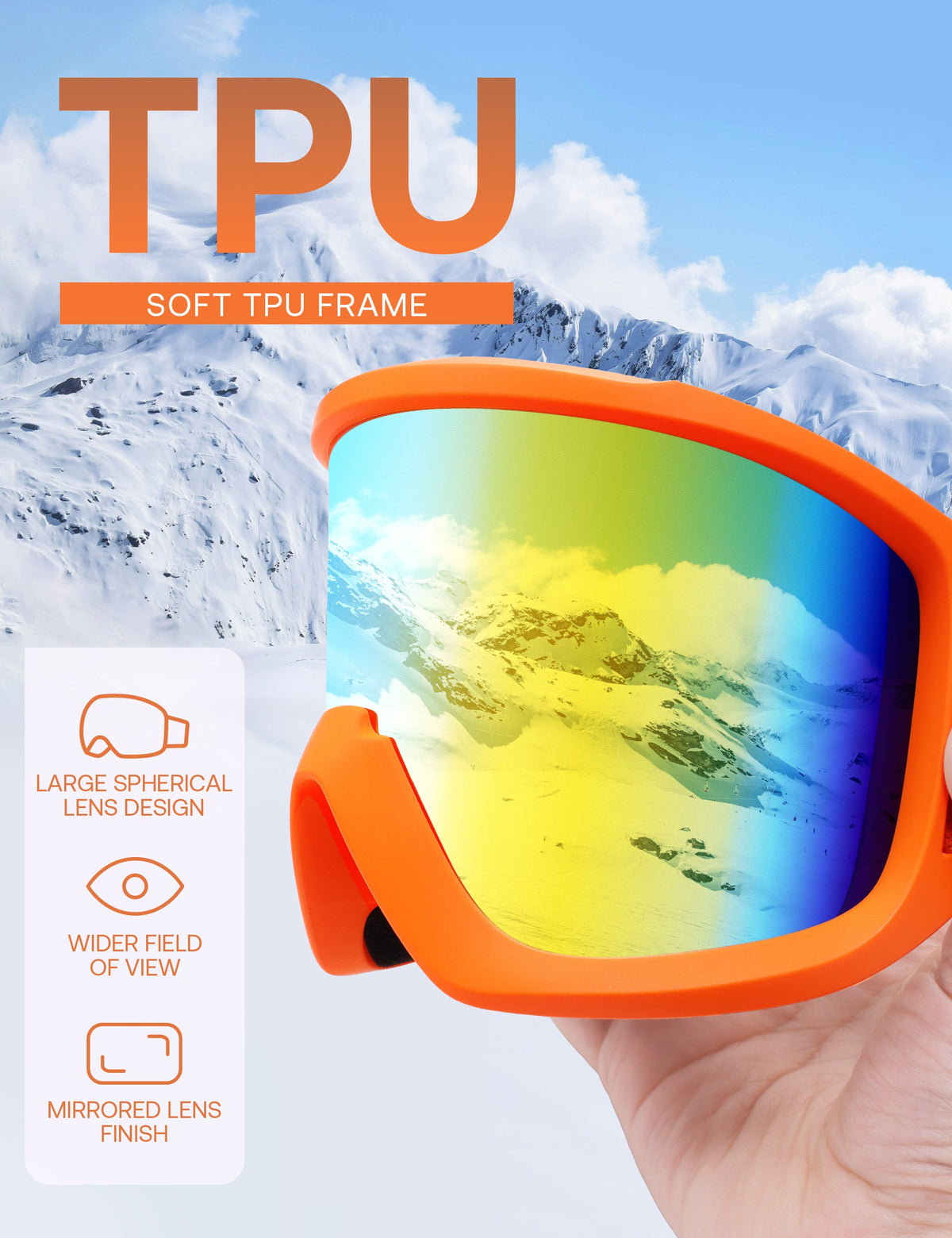 Women's Ski Goggles with Panoramic Mirrored Lens and Adjustable Strap