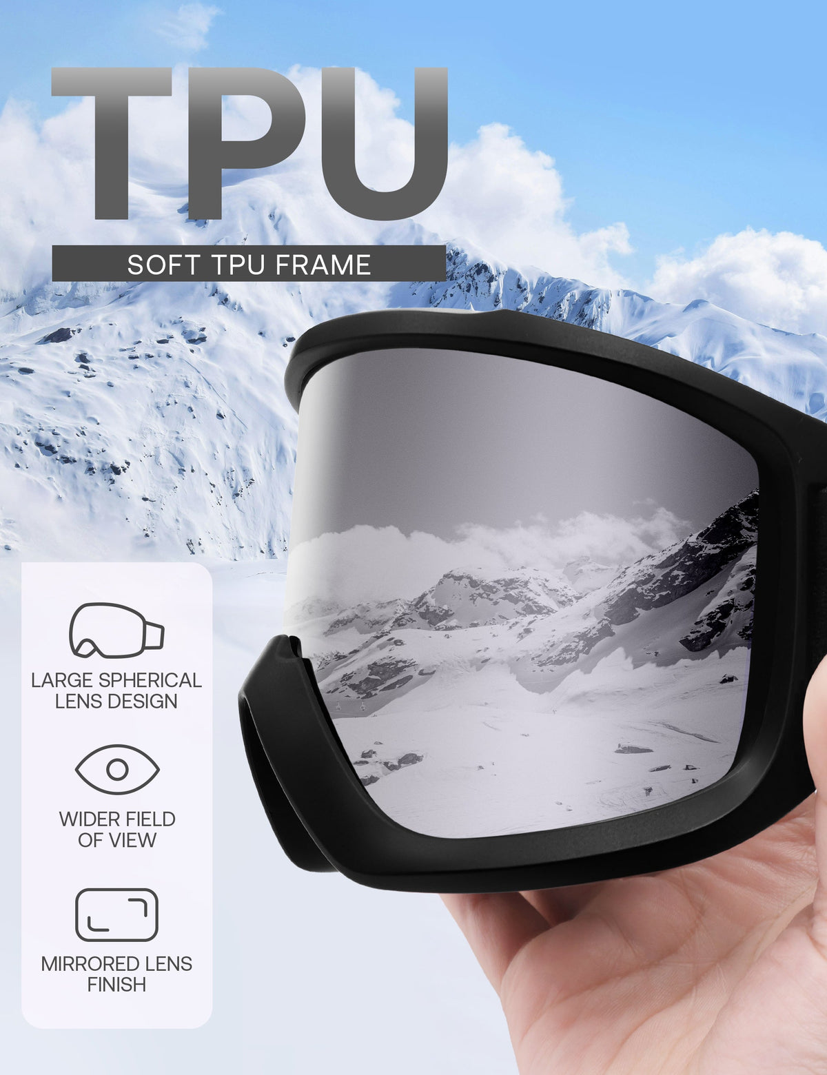Women's Ski Goggles with Panoramic Mirrored Lens and Adjustable Strap