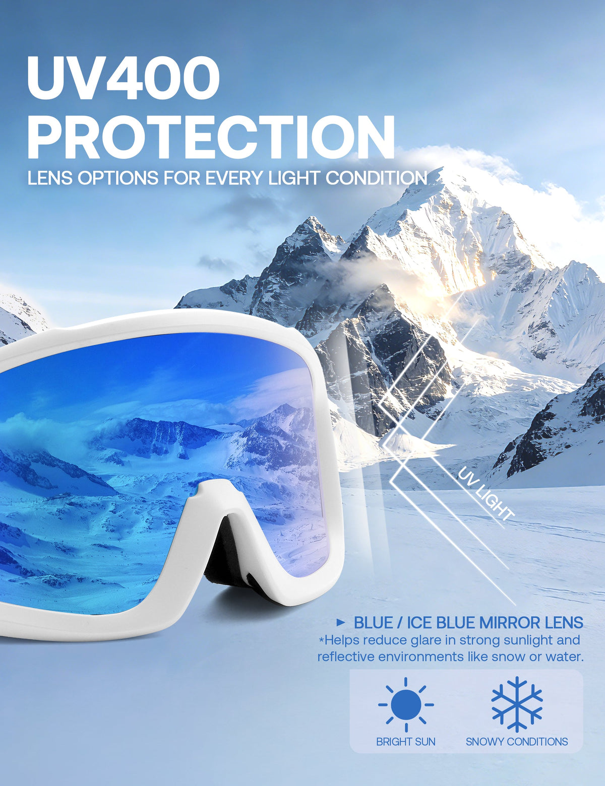 Women's Ski Goggles with Panoramic Mirrored Lens and Adjustable Strap