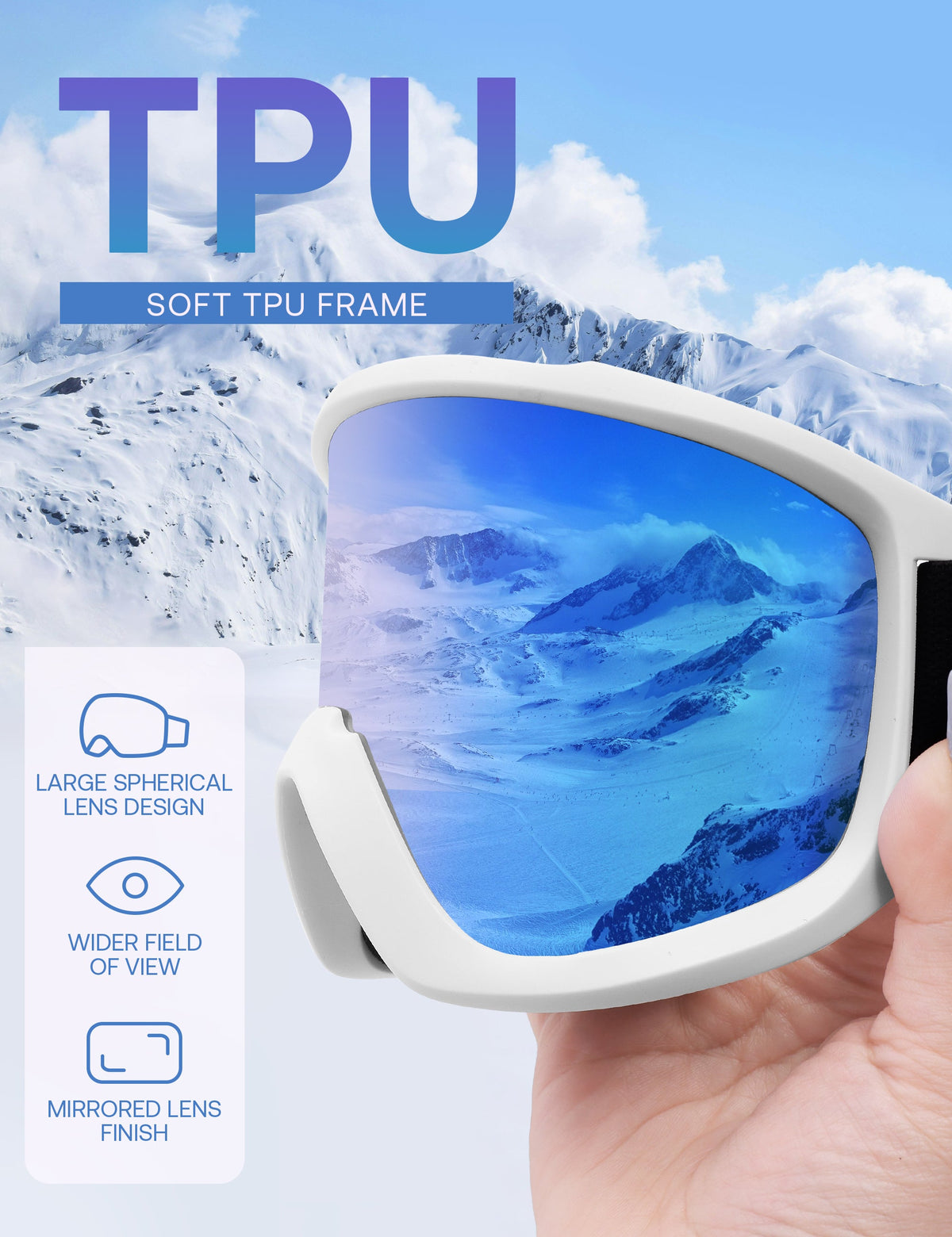 Women's Ski Goggles with Panoramic Mirrored Lens and Adjustable Strap