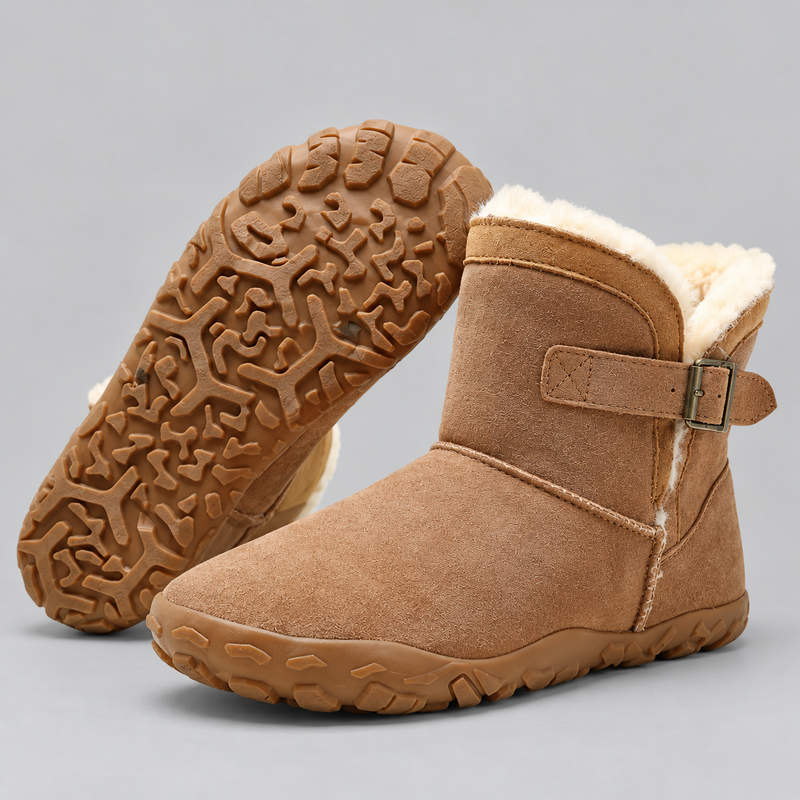 Women's Suede Barefoot Winter Boots with Faux Fur Lining and Buckle Strap
