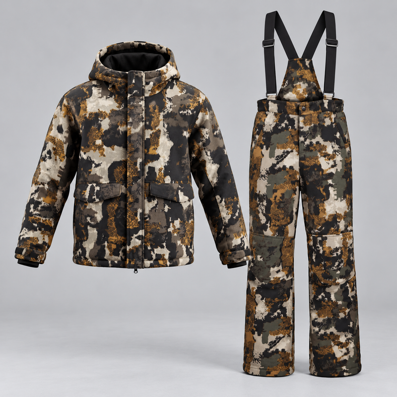 Men's Two Piece Camouflage Snow Suit with Hooded Jacket and Bib Pants