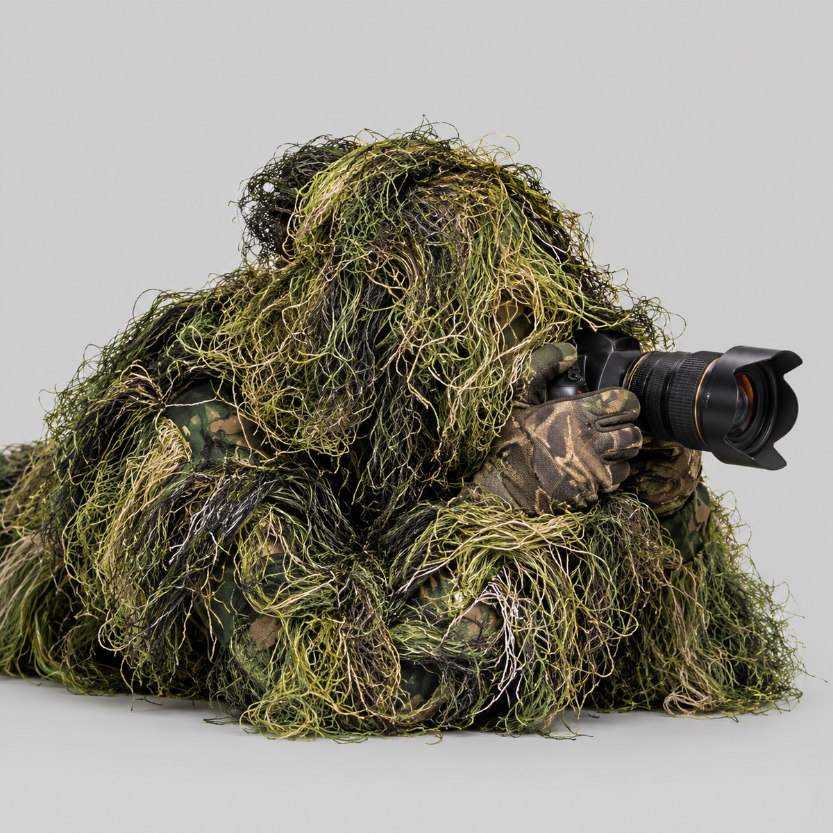 Men's Woodland Camo Ghillie Suit with Rifle Wrap and Carry Bag