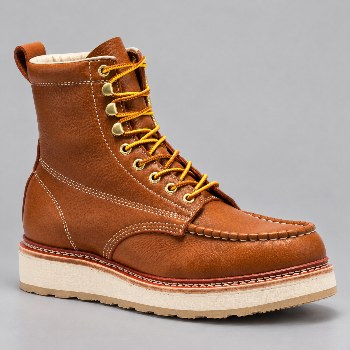 Men's Soft Toe Leather Work Boots with Wedge Sole and Moc Toe