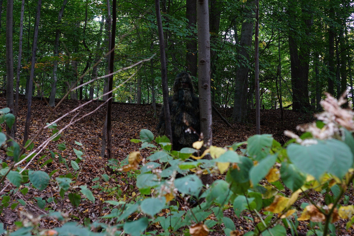 Men's Woodland Camo Ghillie Suit with Rifle Wrap and Carry Bag