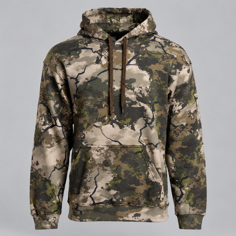 Men's Camouflage Cotton Blend Pullover Hoodie with Kangaroo Pocket and Drawstring