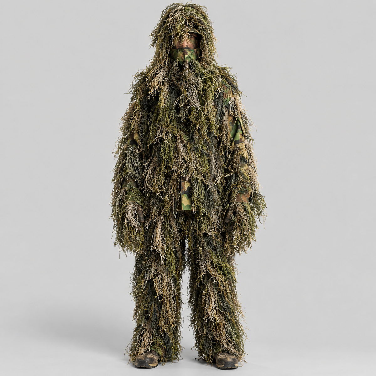 Men's Woodland Camo Ghillie Suit with Rifle Wrap and Storage Bag