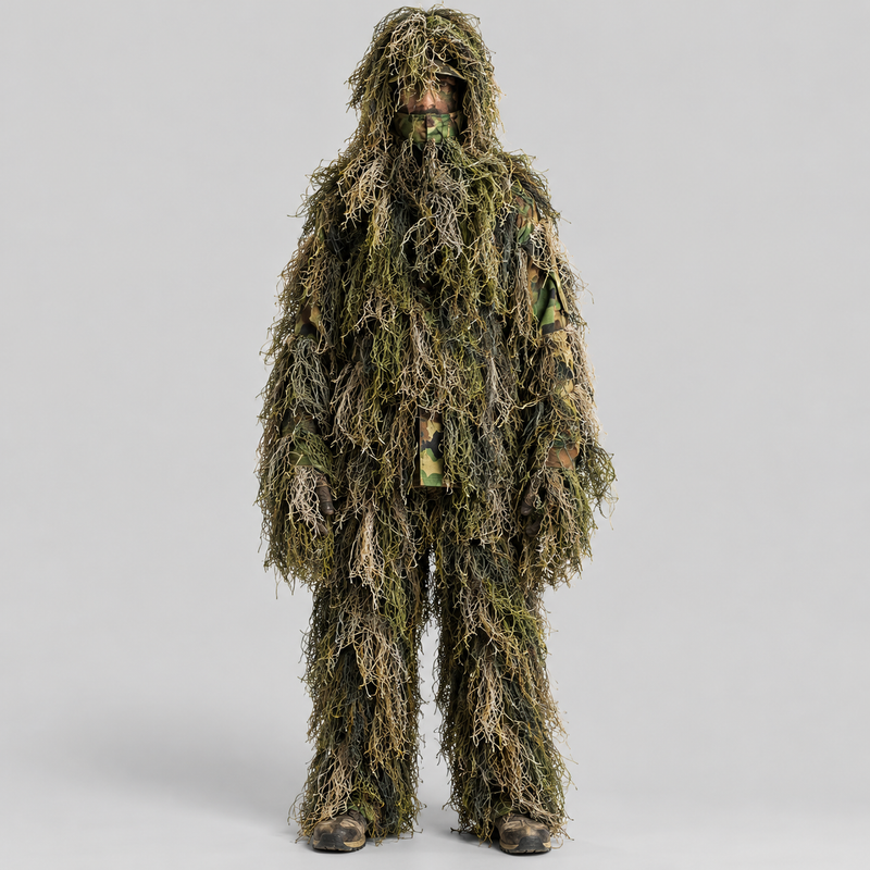 Men's Woodland Camo Ghillie Suit with Rifle Wrap and Storage Bag