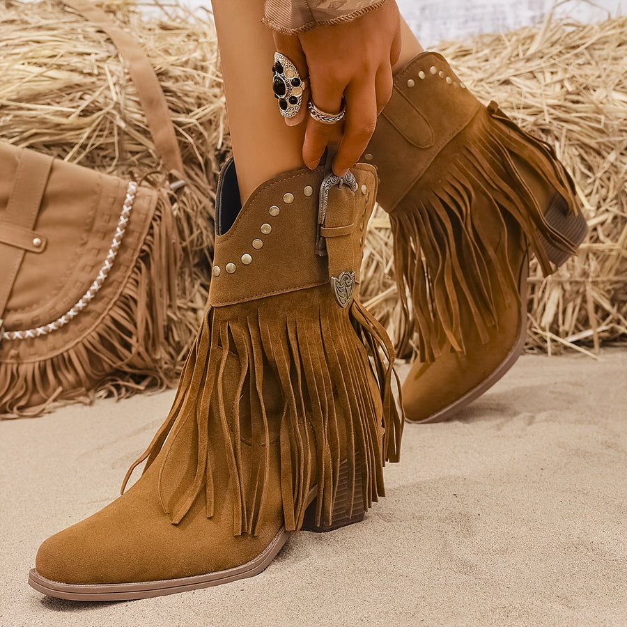 Lila | Women’s Wide Calf Fringe Cowboy Boots With Block Heel 1