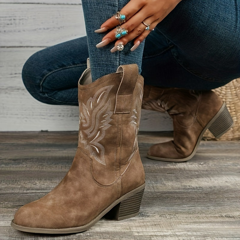 Lila | Women’s Wide Calf Mid-Calf Cowgirl Boots With Embroidered Detail 0