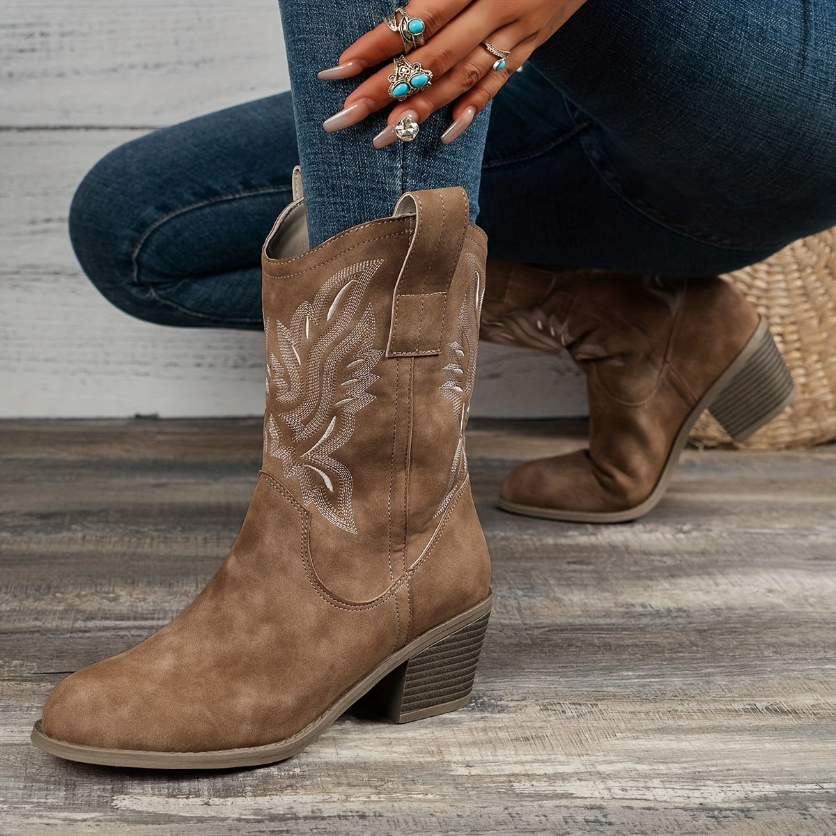 Lila | Women’s Wide Calf Mid-Calf Cowgirl Boots With Embroidered Detail 2